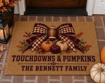 Personalized Football Fall Doormat, Touchdowns and Pumpkins Custom Family Name Mat, Autumn Game Day Front Porch Decor, Football Fan Gift