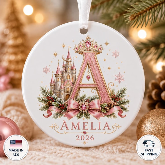 Personalized Princess Initial Ornament, Custom Name Castle Christmas Gift for Girls