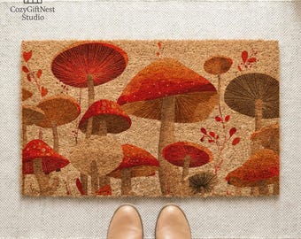Mushroom Doormat, Boho Forest Fungi Rug, Cottagecore Entryway Decor