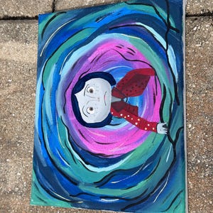 May include: Acrylic painting on canvas depicting a stylized character with pale skin, dark hair, and a red jacket with white polka dots. The character is set against a swirling background of blues, greens, and pinks, with dark branches framing the scene.