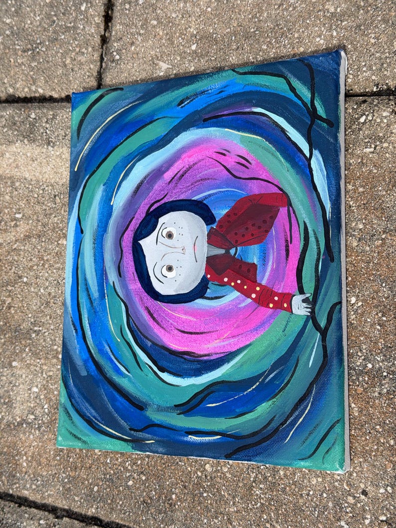 May include: Acrylic painting on canvas depicting a stylized character with pale skin, dark hair, and a red jacket with white polka dots. The character is set against a swirling background of blues, greens, and pinks, with dark branches framing the scene.