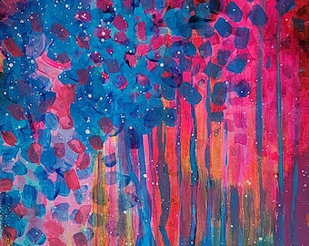 Origineel abstract acrylschilderij in blauw en roze voor aan de muur | 11x14 moderne blauweregen bloemendrip schilderij | Opvallend kleurrijk canvas met textuur