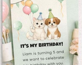 Editable Puppy & Kitten Birthday Invitation | Canva Template | Printable Kids Birthday Invite | Digital Download