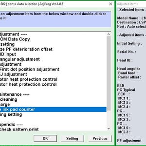 May include: A computer screen displays a software interface with a green border. The interface lists adjustment options, including "Waste ink pad counter" highlighted in blue. Text includes "Model Name: L1800" and "Destination: ESP/EPIL".