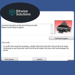 May include: Screenshot of a printer error message from Bitwise Solutions. The message states the ink pad's service life has ended and to contact Epson Support. Includes a printer graphic and buttons for technical support, print queue, and cancel.