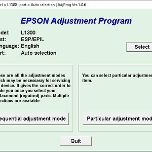 Puede incluir: Una captura de pantalla de la interfaz del programa de ajuste EPSON. El programa muestra información del modelo, incluido L1300, y opciones para los modos de ajuste. Los botones incluyen 'Seleccionar', 'Modo de ajuste secuencial', 'Modo de ajuste particular' y 'Salir'.