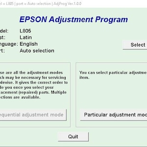 Puede incluir: Una pantalla de ordenador muestra la interfaz del Programa de Ajuste EPSON. El título del programa es azul, con opciones de modelo, destino, idioma y puerto. Los botones incluyen 'Select', 'Sequential adjustment mode', 'Particular adjustment mode' y 'Quit'.