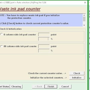 May include: Screenshot of a software interface for printer maintenance. The interface displays options for adjusting the waste ink pad counter, including checking and initializing the counter values. The interface has a green and white color scheme.