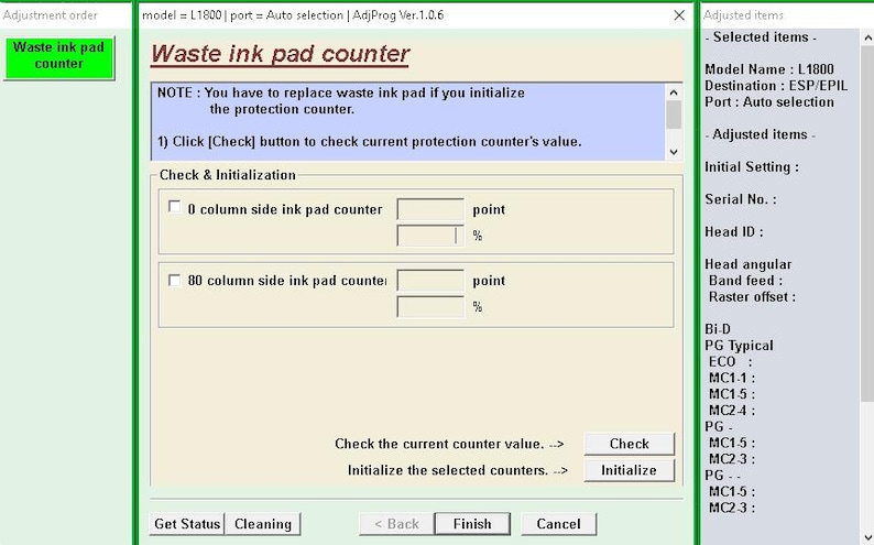 May include: Screenshot of a software interface for printer maintenance. The interface displays options for adjusting the waste ink pad counter, including checking and initializing the counter values. The interface has a green and white color scheme.