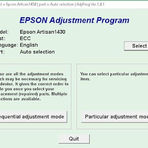 Puede incluir: Captura de pantalla de la interfaz del programa Epson Adjustment. El título del programa es azul, con opciones para modelo, destino, idioma y puerto. Los botones incluyen 'Seleccionar', 'Modo de ajuste secuencial', 'Modo de ajuste particular' y 'Salir'.