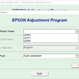 Könnte beinhalten: Screenshot der Epson Adjustment Program-Oberfläche. Das Programm zeigt Optionen für Modellname, Ziel, Sprache und Port. Der Text "EPSON Adjustment Program" ist blau. Die Oberfläche hat einen hellgrünen Hintergrund.