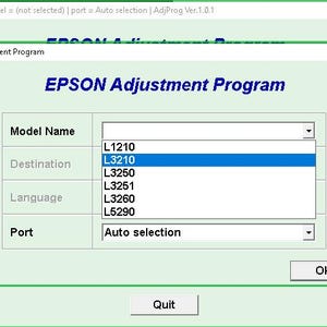 Puede incluir: Captura de pantalla de la interfaz del programa de ajuste Epson. La ventana del programa muestra opciones para la selección del modelo, el destino, el idioma y la configuración del puerto. El destino L3210 está resaltado en azul. La interfaz tiene un fondo verde claro.