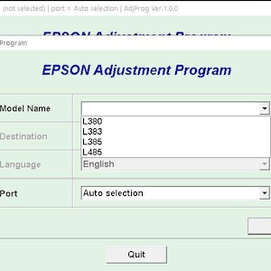 Könnte beinhalten: Screenshot der Epson Adjustment Program-Oberfläche. Der Titel des Programms, "EPSON Adjustment Program", wird in Blau angezeigt. Optionen sind Modellname, Ziel, Sprache und Port, mit Dropdown-Menüs zur Auswahl. Die Oberfläche hat einen hellgrünen Hintergrund.