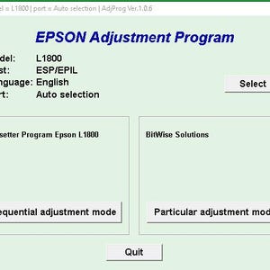 Puede incluir: Interfaz de programa informático para la impresora Epson L1800, con el texto "EPSON Adjustment Program". La interfaz muestra la configuración del modelo, destino, idioma y puerto. Los botones incluyen "Select", "Sequential adjustment mode" y "Particular adjustment mode".