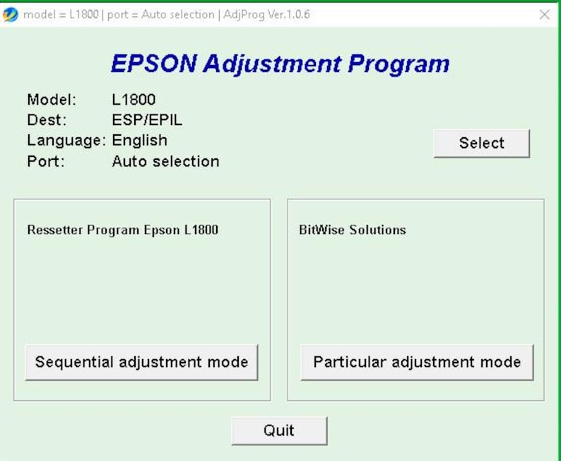 May include: A computer program interface for the Epson L1800 printer, featuring the text "EPSON Adjustment Program." The interface displays model, destination, language, and port settings. Buttons include "Select," "Sequential adjustment mode," and "Particular adjustment mode."