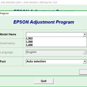 Könnte beinhalten: Ein Screenshot der Epson Adjustment Program-Oberfläche. Der Titel des Programms, "EPSON Adjustment Program", wird in Blau angezeigt. Die Oberfläche enthält Felder für Modellname, Ziel, Sprache und Port mit Optionen wie L382, L386, L486 und English.