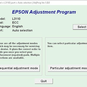 Puede incluir: Captura de pantalla de la interfaz del programa de ajuste Epson. El programa muestra el modelo L3110, el idioma inglés y el puerto de selección automática. Los botones incluyen 'Select', 'Sequential adjustment mode', 'Particular adjustment mode' y 'Quit'.