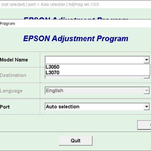 Könnte beinhalten: Ein Screenshot der Epson Adjustment Program-Oberfläche. Der Titel des Programms, "EPSON Adjustment Program", wird in Blau angezeigt. Die Oberfläche enthält Felder für Modellname, Ziel, Sprache und Port mit Optionen zur Auswahl.