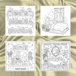 May include: Four black and white illustrations of cozy home scenes. One shows a shelf of jars, another a bedroom, a living room with the text "COZY HOME", and a bathroom with the text "BATH TIME FUN!"