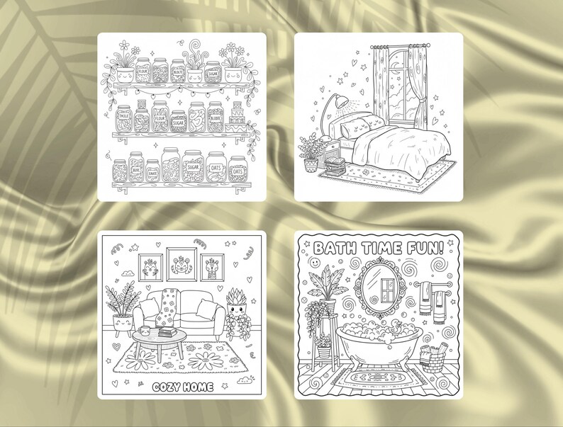 May include: Four black and white illustrations of cozy home scenes. One shows a shelf of jars, another a bedroom, a living room with the text "COZY HOME", and a bathroom with the text "BATH TIME FUN!"