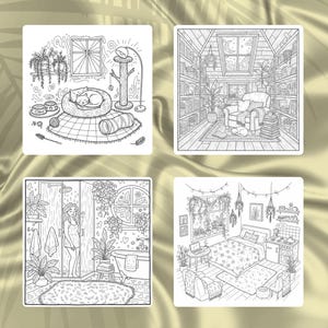 May include: Four black and white line art illustrations of cozy interior scenes. One shows a cat in a bed, another a reading nook, a third a bathroom, and the last a bedroom with a bed and kitchen area.
