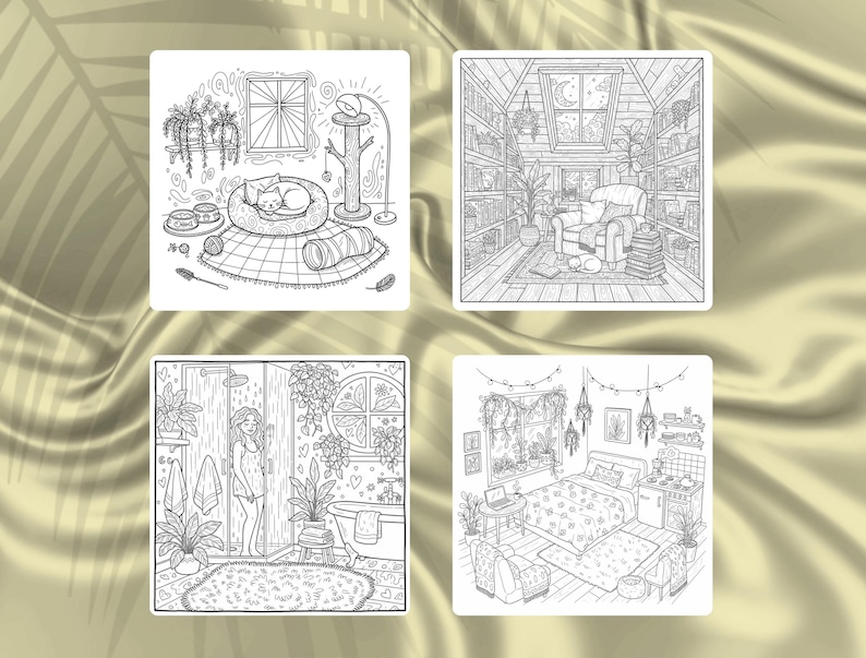 May include: Four black and white line art illustrations of cozy interior scenes. One shows a cat in a bed, another a reading nook, a third a bathroom, and the last a bedroom with a bed and kitchen area.