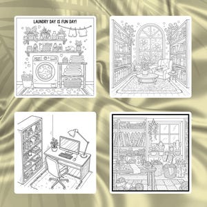 May include: Four black and white illustrations of cozy interior scenes. One shows a laundry room with the text "LAUNDRY DAY IS FUN DAY!". Another depicts a library with a large window. The other two show a home office and a craft room.