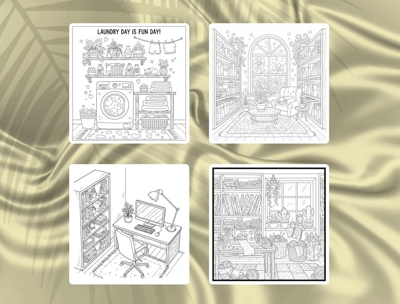 May include: Four black and white illustrations of cozy interior scenes. One shows a laundry room with the text "LAUNDRY DAY IS FUN DAY!". Another depicts a library with a large window. The other two show a home office and a craft room.