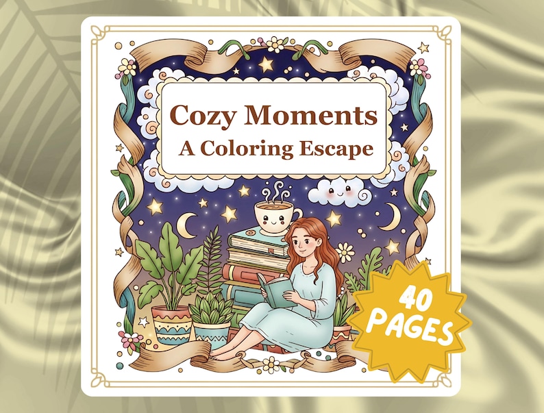 Cozy Moments: A Coloring Escape – digital adult coloring book cover with a cozy whimsical design. The artwork features a relaxed girl sitting with a book surrounded by lush green plants, stacked books, and a steaming cup of tea under a dreamy starry night sky with the moon and clouds. Perfect for stress relief, mindfulness, and relaxation. Includes 40 printable PDF coloring pages inspired by Coco Wyo, designed for girls, teens, and adults who love cozy aesthetic coloring books.