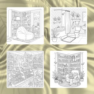 May include: Four black and white illustrations of cozy interior scenes. One shows a reading nook with a beanbag chair and bookshelves. Another depicts a bathroom with a bathtub and plants. A bakery and a living room with a chair and bookshelves are also shown.