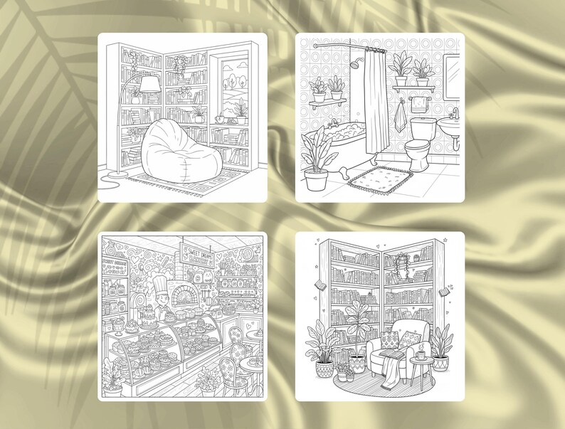 May include: Four black and white illustrations of cozy interior scenes. One shows a reading nook with a beanbag chair and bookshelves. Another depicts a bathroom with a bathtub and plants. A bakery and a living room with a chair and bookshelves are also shown.