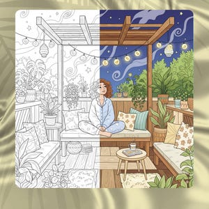 May include: A split-screen illustration of a relaxing outdoor scene. One side is a black and white line drawing, the other is a color rendering of a person sitting on a bench surrounded by plants, pillows, and string lights. The night sky is visible.