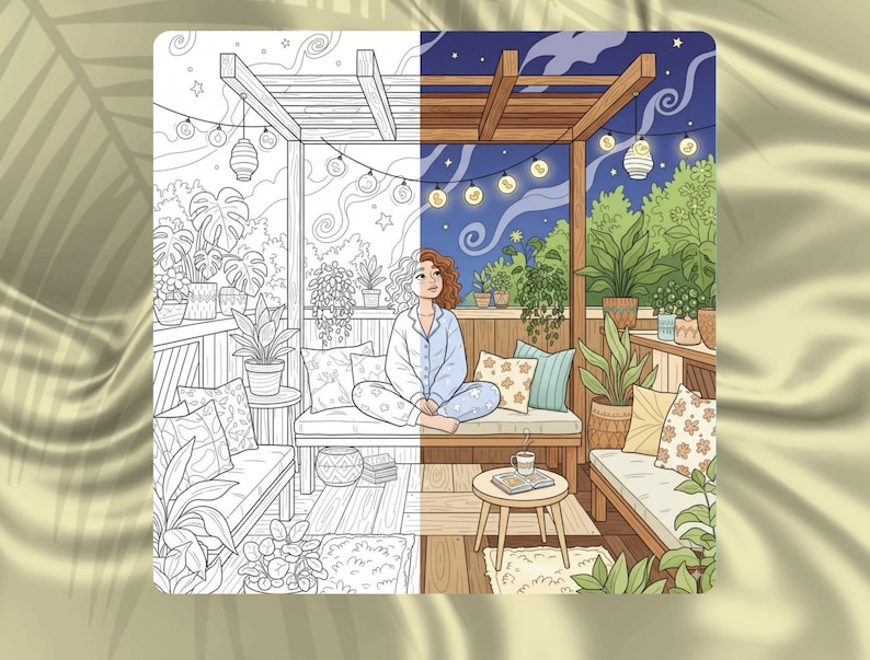May include: A split-screen illustration of a relaxing outdoor scene. One side is a black and white line drawing, the other is a color rendering of a person sitting on a bench surrounded by plants, pillows, and string lights. The night sky is visible.