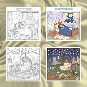 May include: Four square illustrations featuring cozy scenes. Two show a person sleeping in a bed with the text "Sweet Dreams". The other two depict a hanging chair on a balcony with city lights and plants. One set is in color, the other in black and white.
