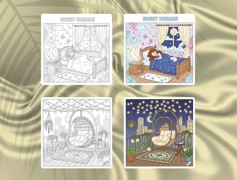 May include: Four square illustrations featuring cozy scenes. Two show a person sleeping in a bed with the text "Sweet Dreams". The other two depict a hanging chair on a balcony with city lights and plants. One set is in color, the other in black and white.