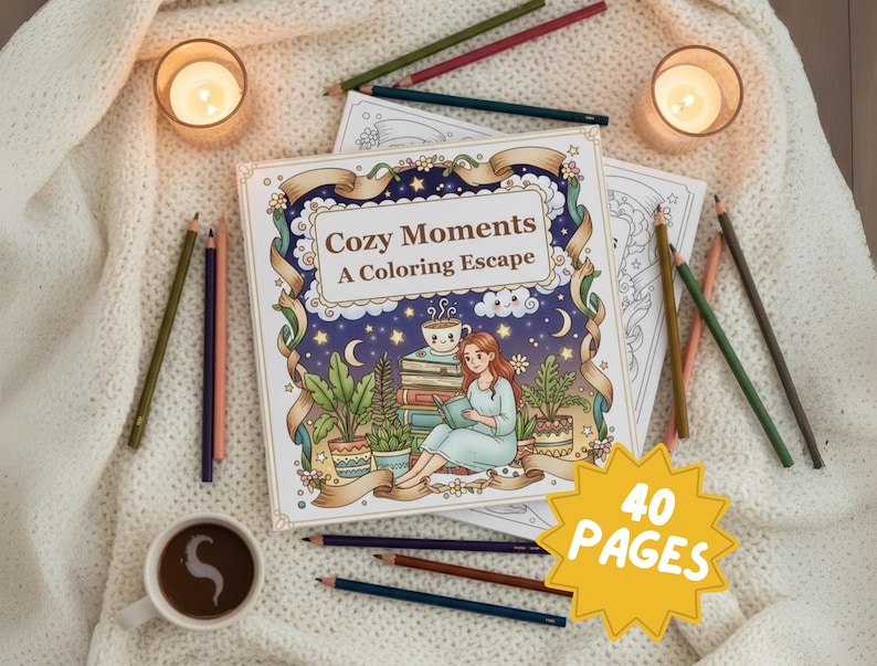 A cozy flat lay of the adult coloring book Cozy Moments: A Coloring Escape, displayed on a soft knitted cream blanket. The illustrated cover shows a red-haired woman in pajamas sitting peacefully with plants, books, and a cat under a dreamy starry night sky. Around the book are colored pencils, a cup of coffee with heart-shaped foam art, and glowing candles, creating a relaxing and inviting atmosphere. A bright yellow starburst label highlights “40 Pages,” emphasizing the content of the book.