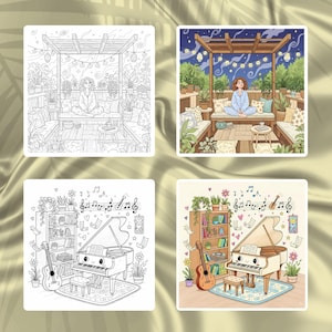 Four sample illustrations from the coloring book Cozy Moments: A Coloring Escape are shown in both black-and-white outlines and fully colored versions. The top row features a woman meditating on a cozy outdoor patio, surrounded by lush plants, string lights, and a night sky full of stars. The bottom row depicts a cheerful piano with a smiling face in a cozy room decorated with plants, books, a guitar, and floating music notes, offering a whimsical and creative coloring experience.