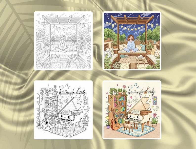 Four sample illustrations from the coloring book Cozy Moments: A Coloring Escape are shown in both black-and-white outlines and fully colored versions. The top row features a woman meditating on a cozy outdoor patio, surrounded by lush plants, string lights, and a night sky full of stars. The bottom row depicts a cheerful piano with a smiling face in a cozy room decorated with plants, books, a guitar, and floating music notes, offering a whimsical and creative coloring experience.