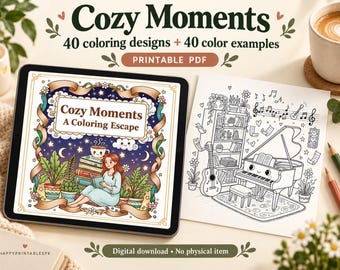 Puede incluir: Un libro de colorear digital titulado Cozy Moments A Coloring Escape con 40 diseños y 40 ejemplos a color. La tableta muestra una ilustración colorida de una persona leyendo entre plantas, mientras que el papel muestra un dibujo de líneas en blanco y negro de un piano, una guitarra y una estantería.