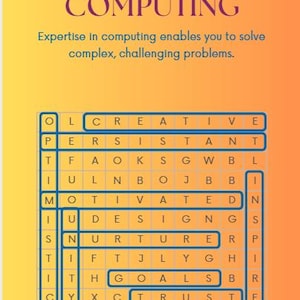 Op de afbeelding: Educatieve afbeelding met het woord "COMPUTING" in paars bovenaan. Een woordzoeker benadrukt woorden als "CREATIVE" en "MOTIVATED" op een oranje en gele gradiënt achtergrond.