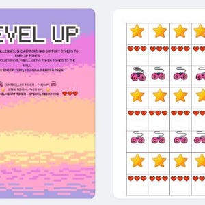 Könnte beinhalten: Zwei Karten zum Thema Gaming. Eine Karte zeigt den Text "LEVEL UP" in pixeligen Buchstaben, mit Anweisungen und Token-Details. Die andere Karte zeigt ein Raster mit Sternen, Herzen und Gamecontroller-Symbolen, wahrscheinlich zur Fortschrittsverfolgung.
