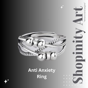 925 Sterling Silver Adjustable Anxiety Ring,  Fidget Anxiety Bead Ring, Sterling Silver Anti Stress Spinner Ring Worry Ring, Meditation Ring