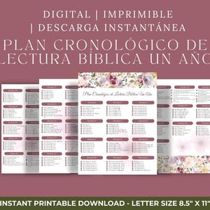 Puede incluir: Conjunto de planes de lectura bíblica imprimibles en español, con diseño floral. Los documentos están organizados cronológicamente, con el texto "PLAN CRONOLÓGICO DE LECTURA BÍBLICA UN AÑO". Tamaño de papel 21,59 cm x 27,94 cm.
