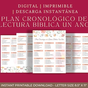 May include: A printable, digital Bible reading plan in Spanish. The design features a floral border and the text "Plan Cronológico de Lectura Bíblica Un Año." The document is letter size, 8.5" x 11".