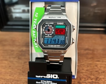 Couleur personnalisée Casio AE1200 Mod : montre numérique rétro, acier inoxydable Amérique