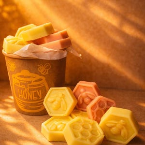 Puede incluir: Una taza de papel marrón con la palabra "HONEY" y gráficos de abejas, llena de barras de cera amarillas y rosas. Derretidos de cera hexagonales con diseños de abejas y panales están esparcidos alrededor de la taza. La imagen tiene un color cálido y dorado.