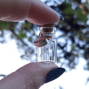 May include: A small glass bottle with a cork stopper and a silver charm that says "wish". Inside the bottle are dandelion seeds. The bottle is held up against a blurred green background.
