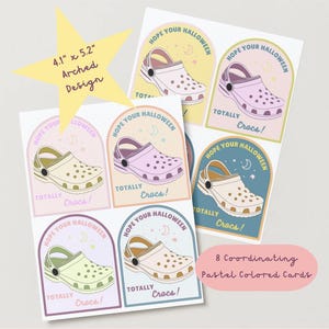 May include: A set of eight pastel-colored cards with an arched design, each featuring a Crocs shoe illustration. The cards measure 4.1" x 5.2" and have the text "Hope Your Halloween" and "Totally Crocs!"