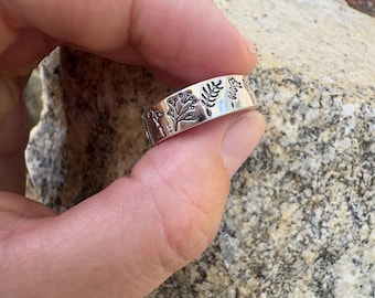 Wildflower Engraved Silver Ring, "You Belong Among the Wildflowers" Inside Message, Botanical Band, Nature Lover Gift, Sterling Silver Jewel