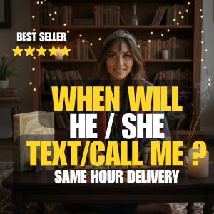 以下が含まれることがあります： 女性がヘッドピースをつけ、笑顔で写っている画像。テキストには「いつ彼/彼女は私にテキスト/電話をかける？」「当日配達」と書かれています。「ベストセラー」のバナーと星が左上にあります。本とろうそくがテーブルにあります。